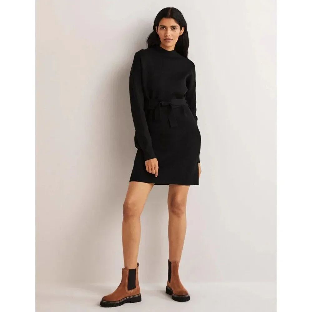 Boden Womens Dress UK 14L US 10L Black High Neck Knitted Shift Belted D0354 NWT